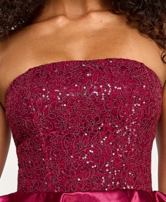 Juniors' Sequin Embellished Strapless Satin Tiered Dress