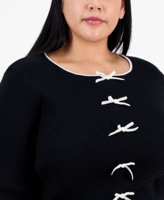 Trendy Plus Bow-Front Ribbed Crewneck Sweater