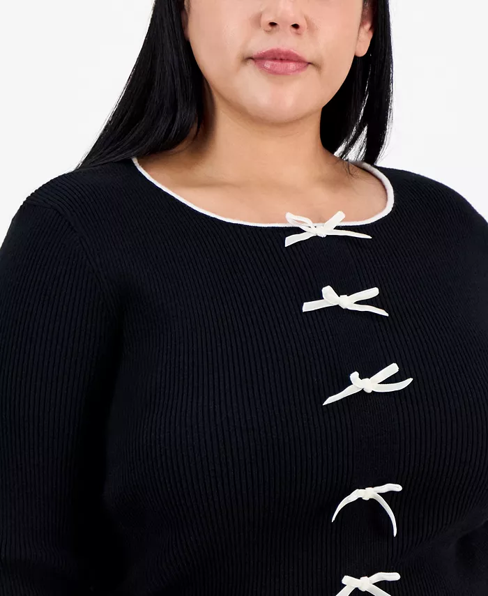 Trendy Plus Bow-Front Ribbed Crewneck Sweater - thumbnail 5