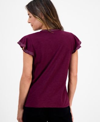 Petite Cotton Embroidered Flutter-Sleeve Knit Top, Macy's Exclusive 