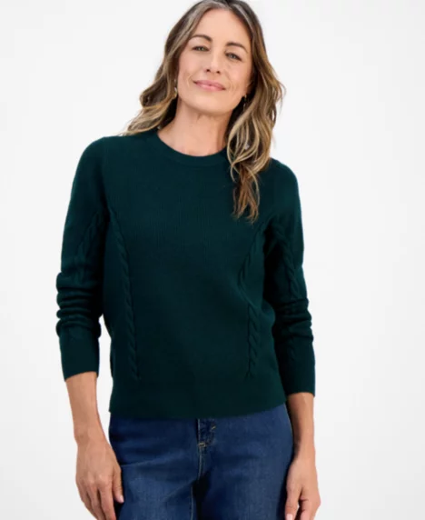 Petite Ribbed Cable Crewneck Sweater - Ponderosa Pine