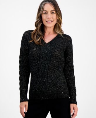 Petite Sequin Cable-Knit Sweater, Macy's Exclusive