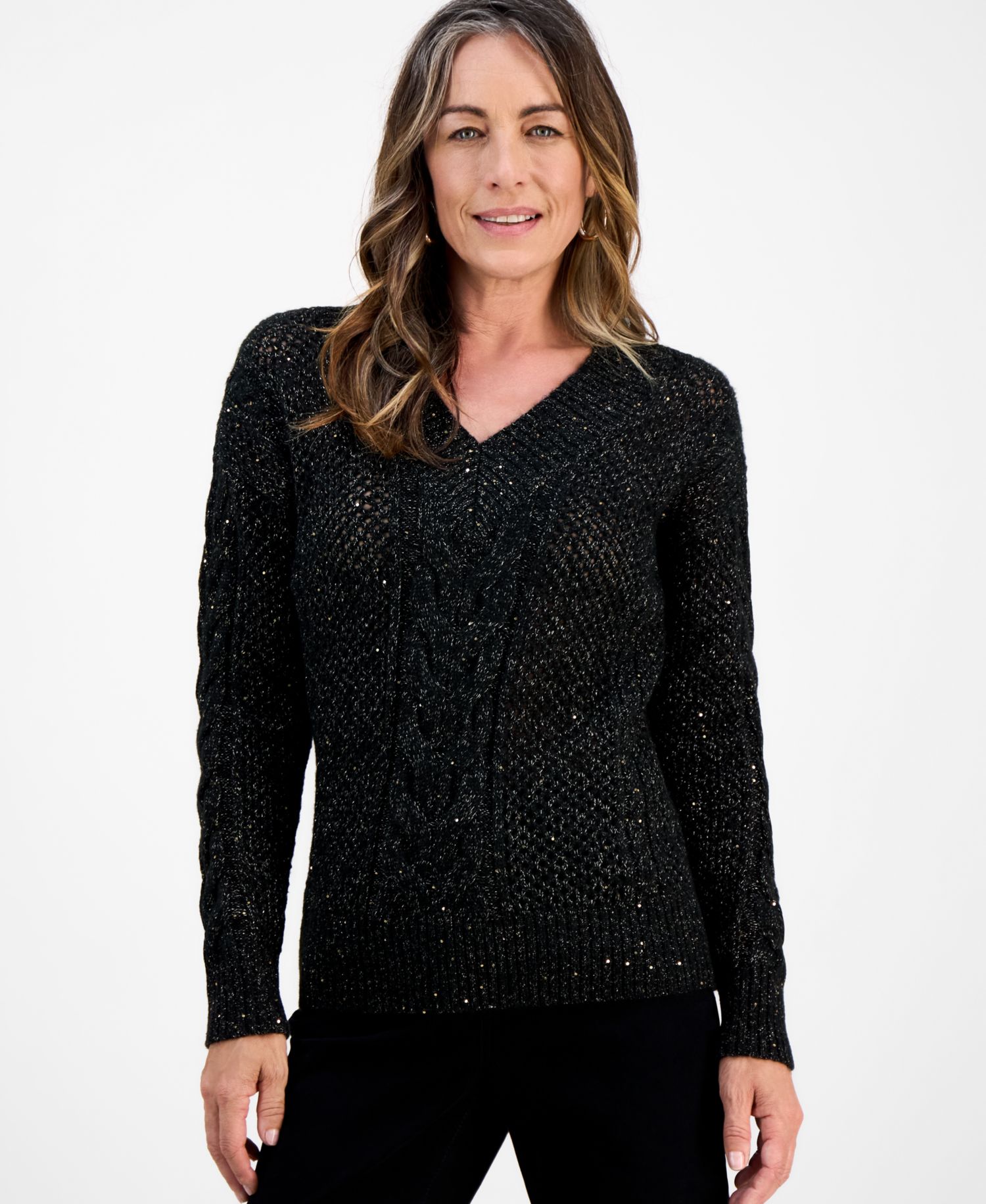 Petite Sequin Cable-Knit Sweater