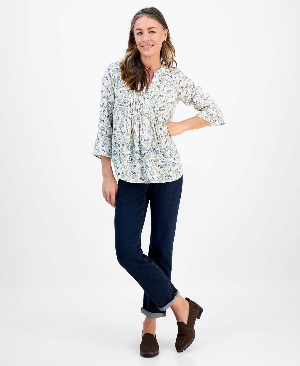 Style & Co Petite Romance Ditsy Pintucked Top, Macy's Exclusive In Multi