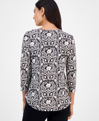 Petite Painted Foliage 3/4-Sleeve Top, Macy's Exclusive 