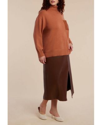 Women's Plus Size Faux Leather Pocket Turtleneck Sweater