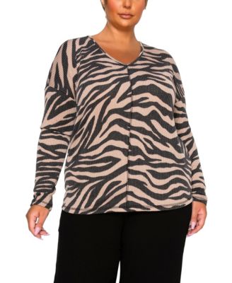 Plus Size Textured Zebra V Neck Dolman Top