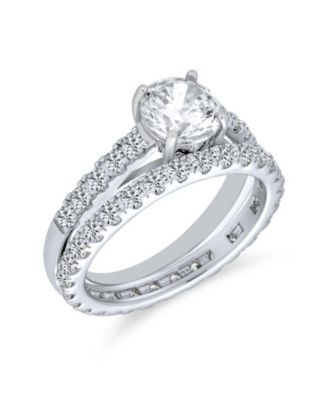 Classic Sterling Silver Princess Cut CZ Solitaire & Eternity Band  Ring Set