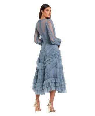 Women's Long Sleeve V Neck Mesh Micro Ruffle Midi Dress