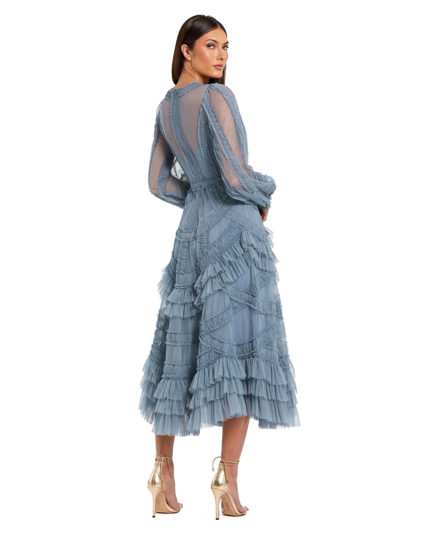Women's Long Sleeve V Neck Mesh Micro Ruffle Midi Dress
