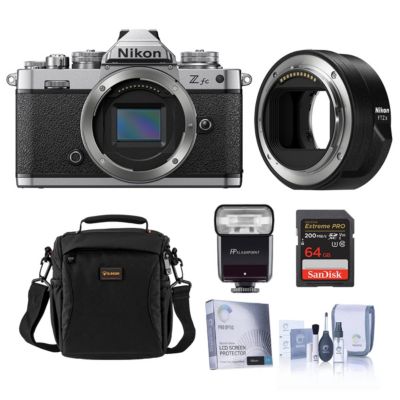 Z fc DX-Format Mirrorless Camera, Silver, Bundle with FTZ II Mount Adapter, Zoom-Mini TTL R2 Flash, 64GB Memory Card, Bag