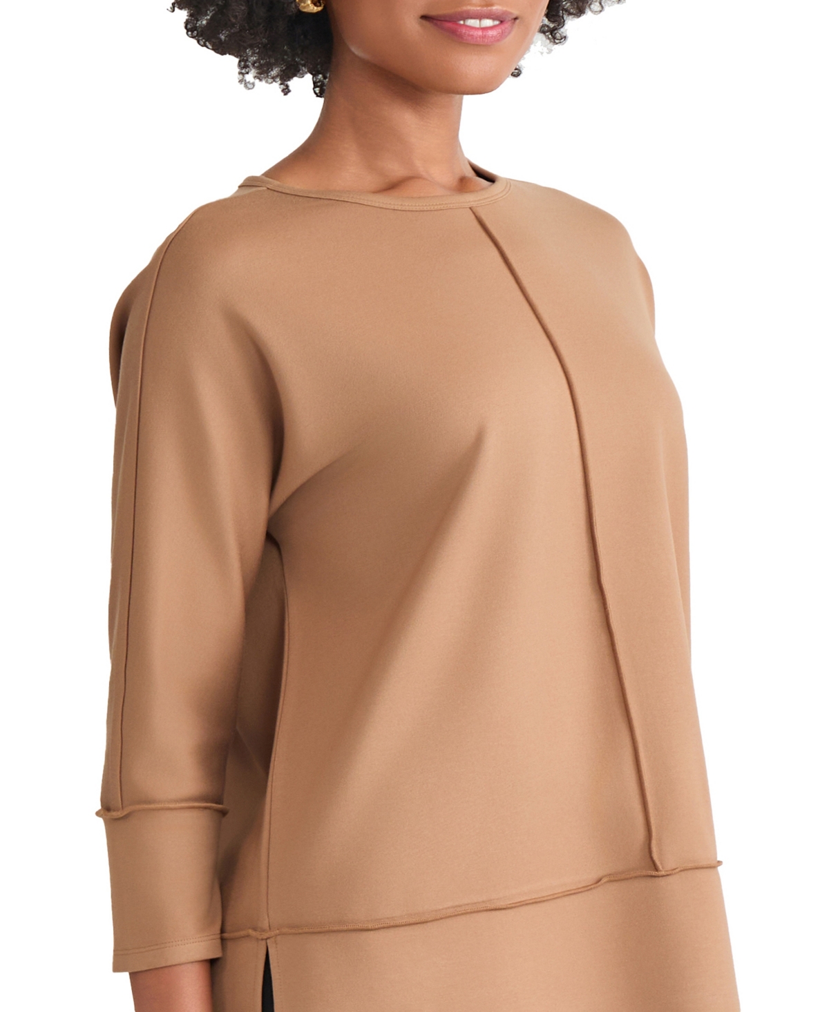 Jones New York Petite Serenity Knit 3/4 Sleeve Tunic Top In Brown