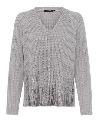 Women's V-Neck Sweater with Silver Foil Embellishment
