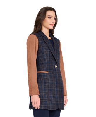 Women's Mixed Media Plaid One-Button Jacket