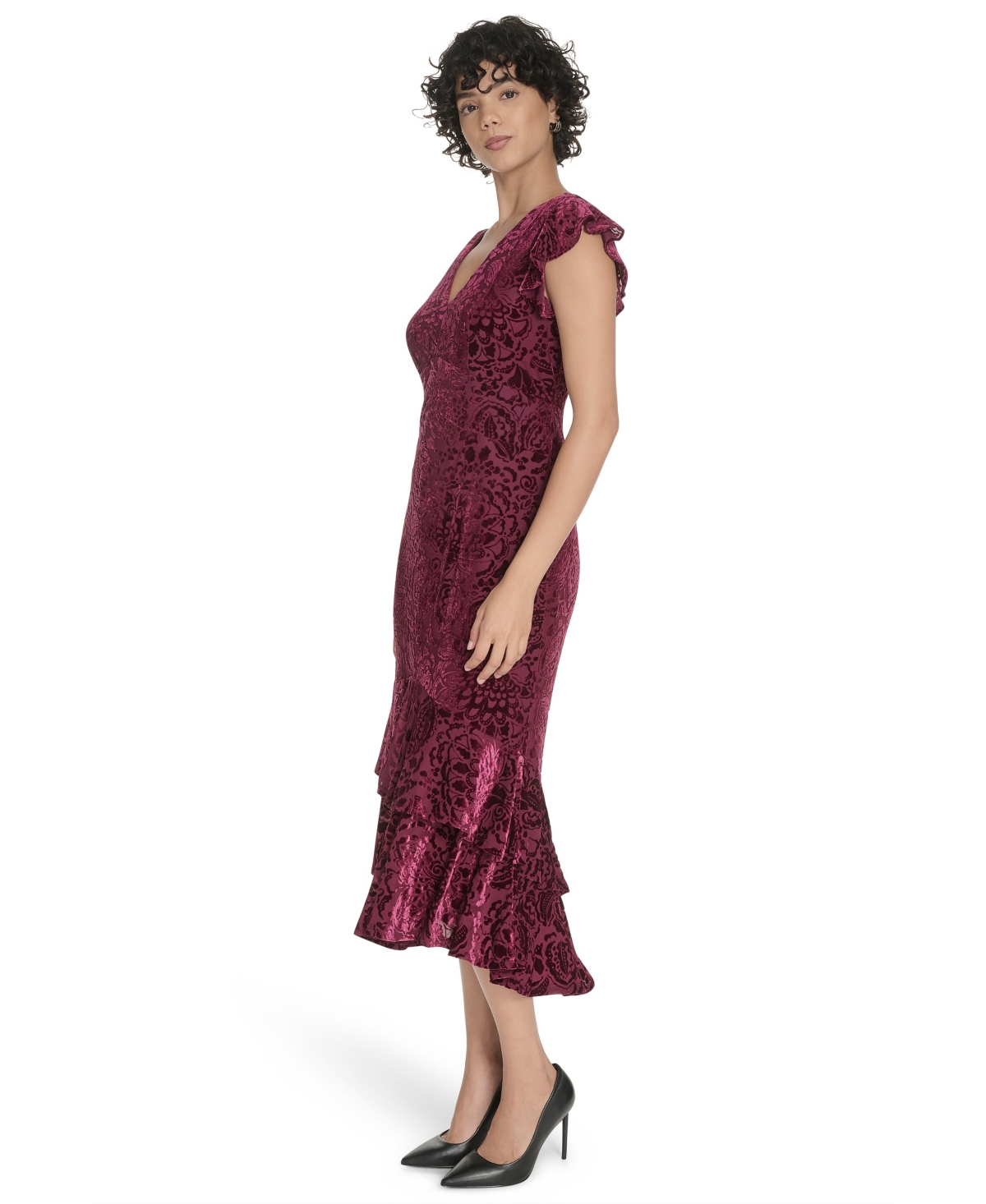 Tommy Hilfiger Women's Burnout Velvet Ruffled High-low Dress In Burgundy