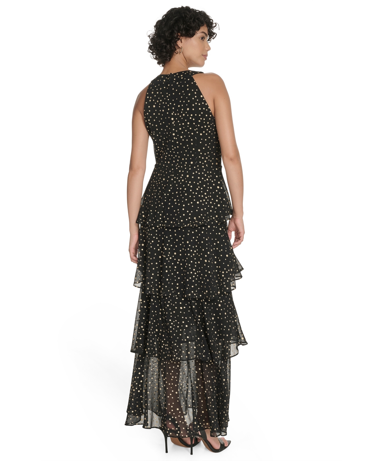 Tommy Hilfiger Metallic Dot Sleeveless Tiered Chiffon Maxi Dress In Black