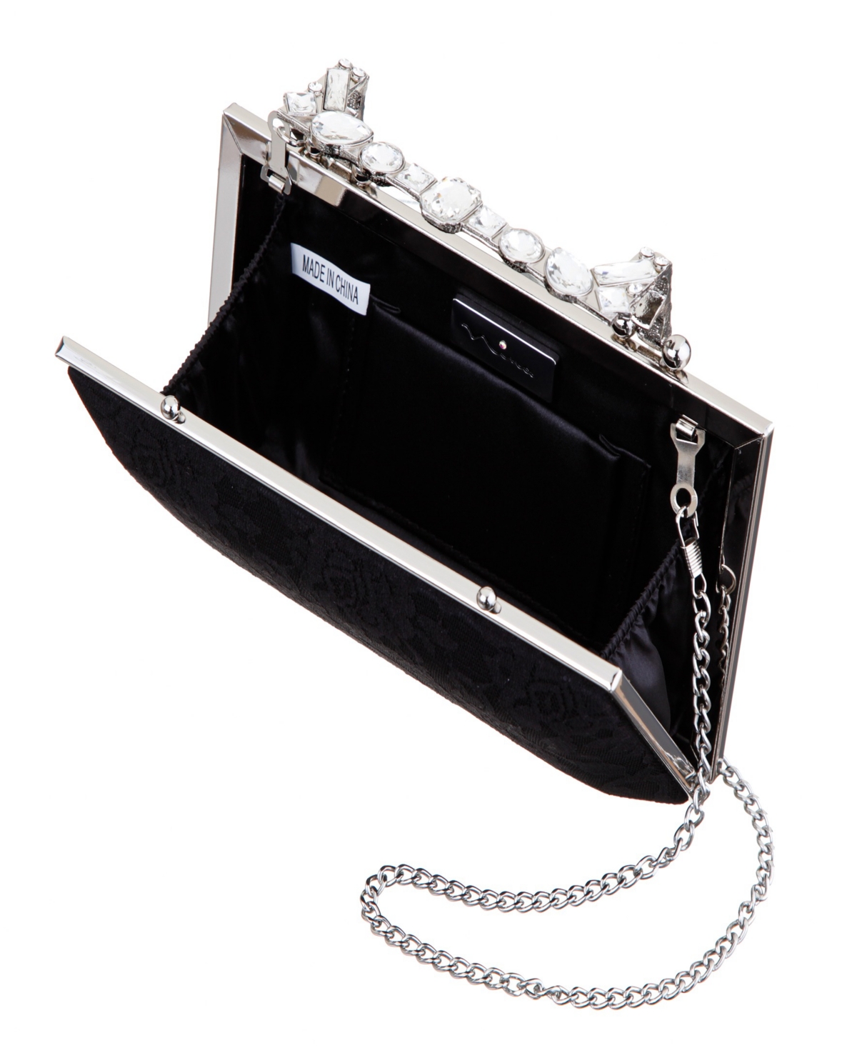 Nina Crystal Handle Lift Lock Lace Clutch In Black