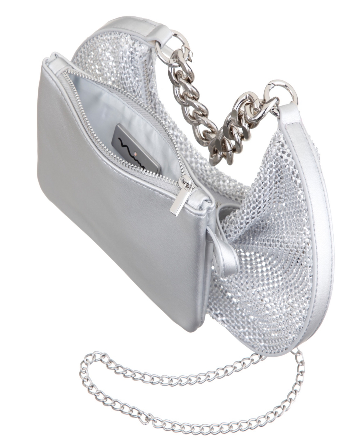 Nina Crystal Mesh Zipper Hobo Bag In Silver
