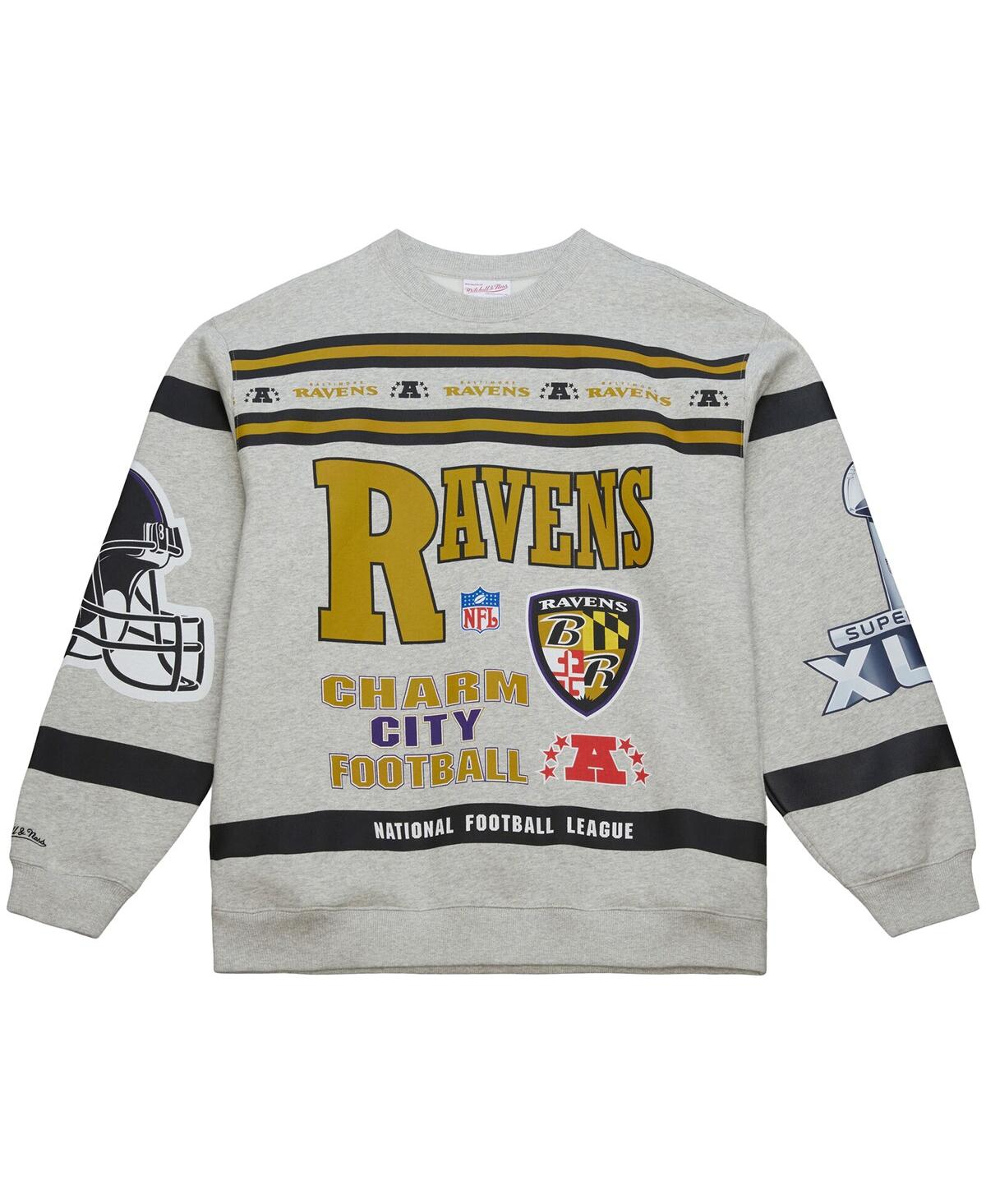 Mitchell & Ness Men's Heather Gray Baltimore Ravens All Over Print Fleece Crewneck Sweatshirt In Gray
