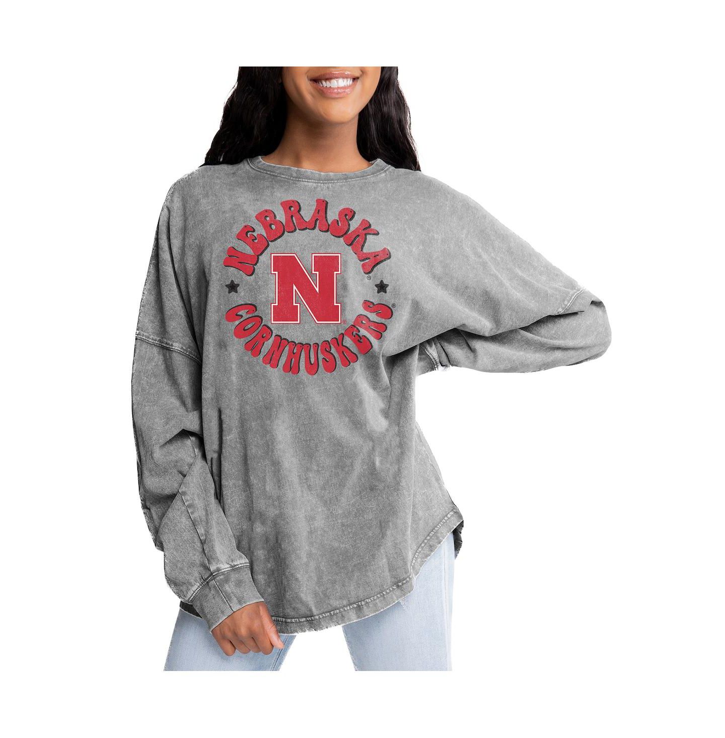 Женская футболка Gameday Couture Gray Nebraska Huskers Playing Around Faded Wash Oversized Long Sleeve — фото 1