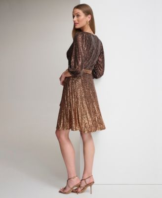 Women's Long Sleeve Ombre Faux Wrap Sequin Dress