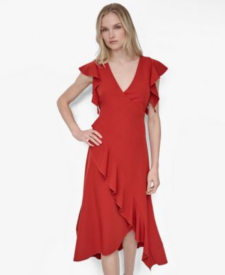 Women's Ruffle Sleeve V Neck Midi Dress