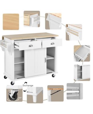 52" Rolling Kitchen Island with Drop Leaf, Sliding Barn Door & Adjustable Storage, Mobile Cart with Towel & Spice Rack-Maison Boucle