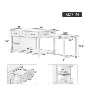 60" Extendable Kitchen Island with Power Outlets, Pull-Out Table & Drawers, Rolling Retro Kitchen Cart with USB Ports-