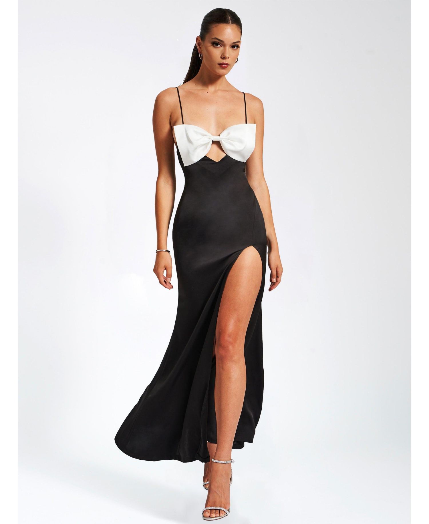 Women Eleanor Black and White Bow Satin Gown