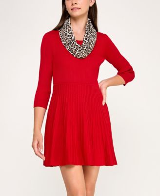 Juniors' Detachable Scarf Fit & Flare Sweater Dress