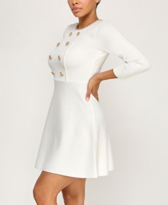 Juniors' 3/4-Sleeve Chain Neck Fit & Flare Sweater Dress