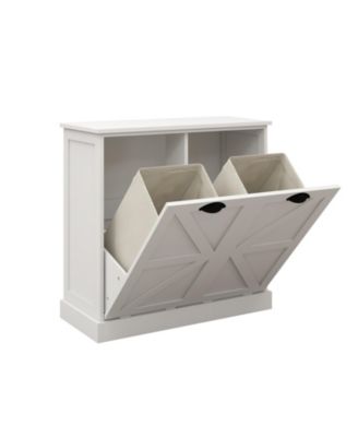 Tilt-Out Laundry Hamper Cabinet with Two Sorting Compartments and Top Shelf Organizer