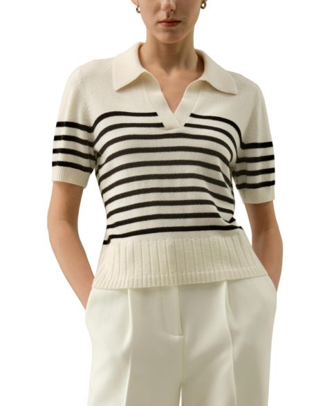 Женский свитер LILYSILK Striped Cashmere Polo Sweater, цвет: Чёрный полосатый