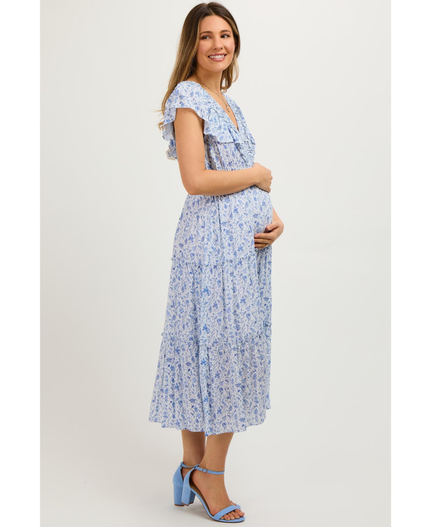 Women's Blue Floral Front Ruched Ruffle Shoulder Tiered Midi Dress