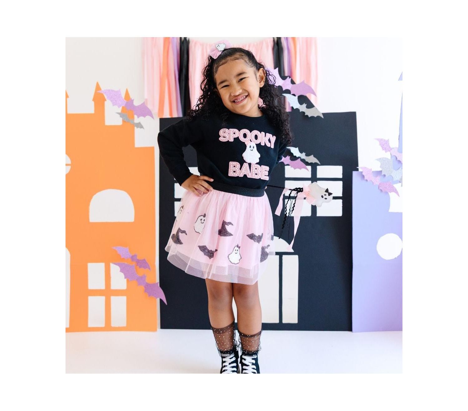 Little and Big Girls Spooky Babe Patch Halloween Sweatshirt