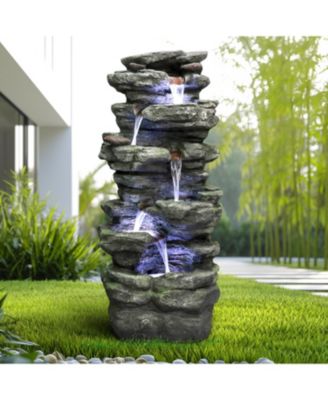 40" High 6-Tiers Cascading Rock Outdoor Water Fountain with LED Lights - Large Outdoor Fountains and Waterfalls for Garden or Patio, Yard, and Deck Decor, Featuring Natural Stone Look