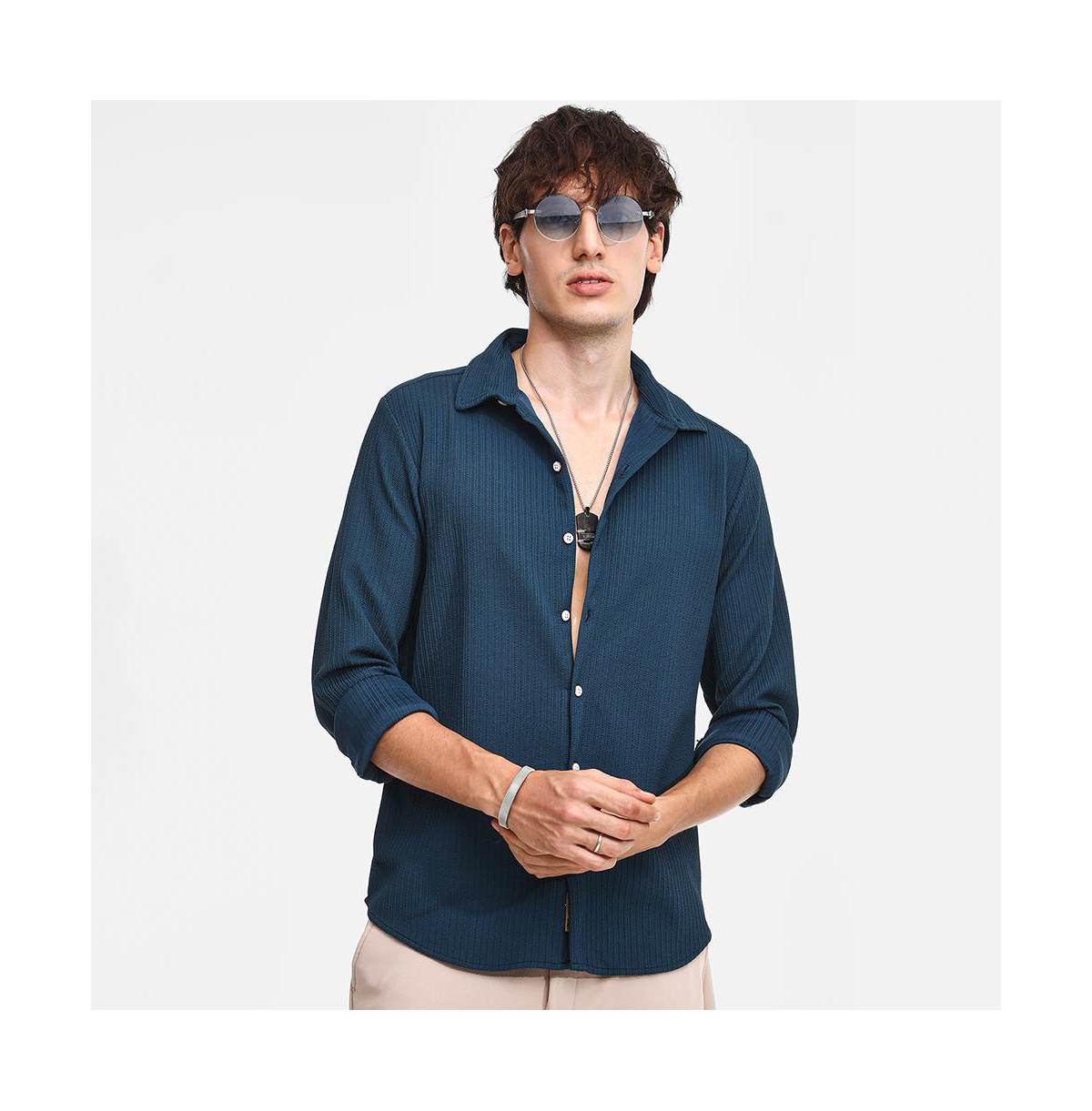 Campus Sutra Men's Aegean Blue Stripe-Creased Shirt