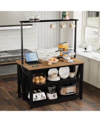 Wooden Kitchen Island with Power Outlet, LED Lights, 3-Tier Microwave Stand, Oven Shelf & Coffee Bar Table with Hooks