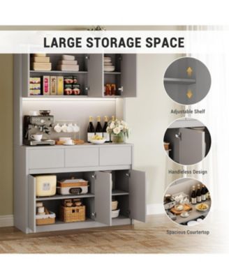 Pantry Cabinet 70-Inch with Charging Station, Microwave Stand, 3 Drawers and Adjustable Shelves for Kitchen Storage