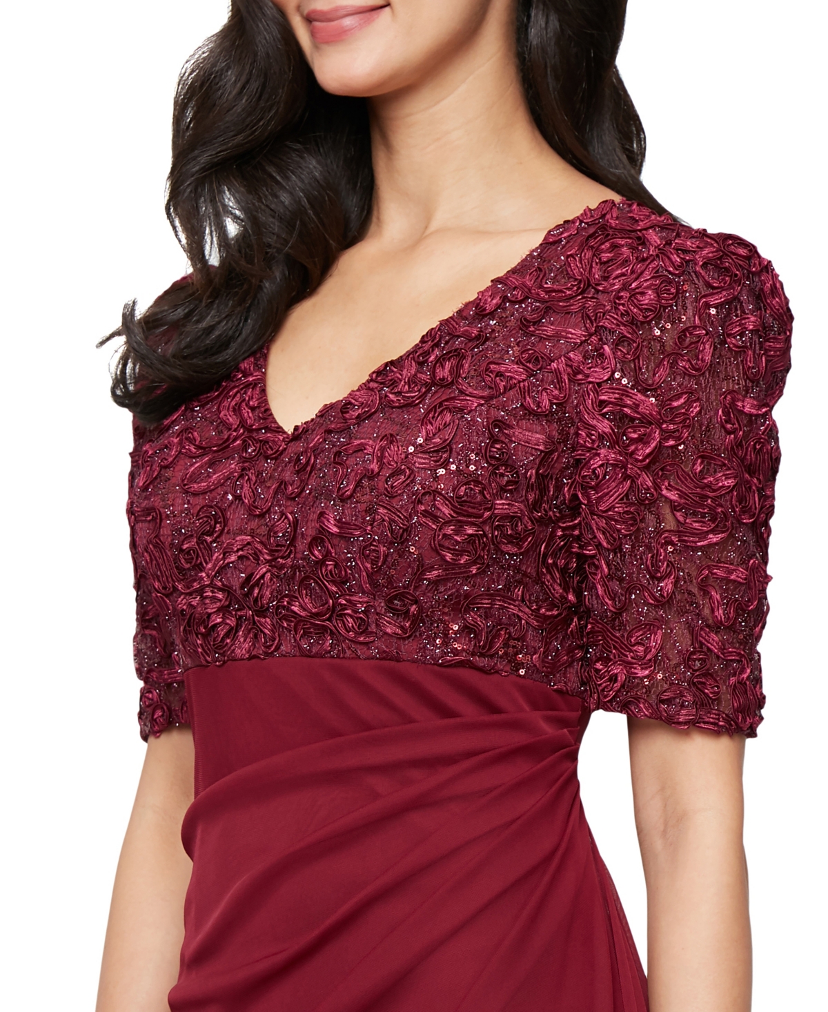 Alex Evenings Embellished Short Sleeve Empire Waist Gown In Burgundy