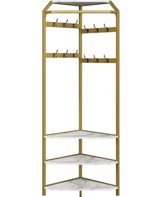 Corner Coat Rack With Shoe Bench and 6 Double Hooks, Corner Hall Tree - Clothes Rack With Storage Hall Tree With Organizer Shelf for Entryway, Hallway, Closet (02-Gold)