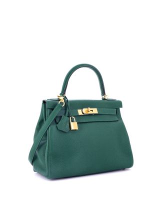 Kelly 28 Handbag Green Clemence with Gold Hardware