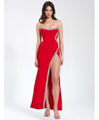Women's Xoana Red Crystal Embellished High Slit Gown