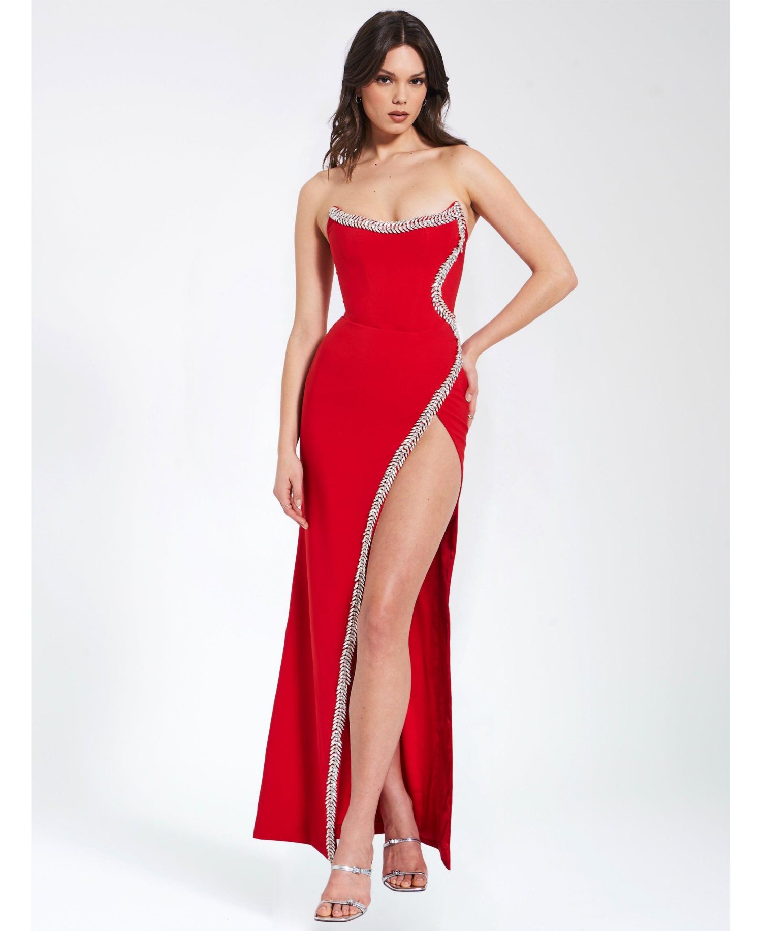 Women's Xoana Red Crystal Embellished High Slit Gown
