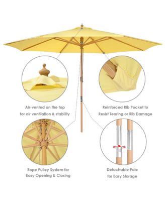 13ft XL Heavy Duty Solid Wood Outdoor Patio Umbrella with Base Parasol Wheels Stand for Bistro Market Table Garden Deck Yard Poolside Yellow