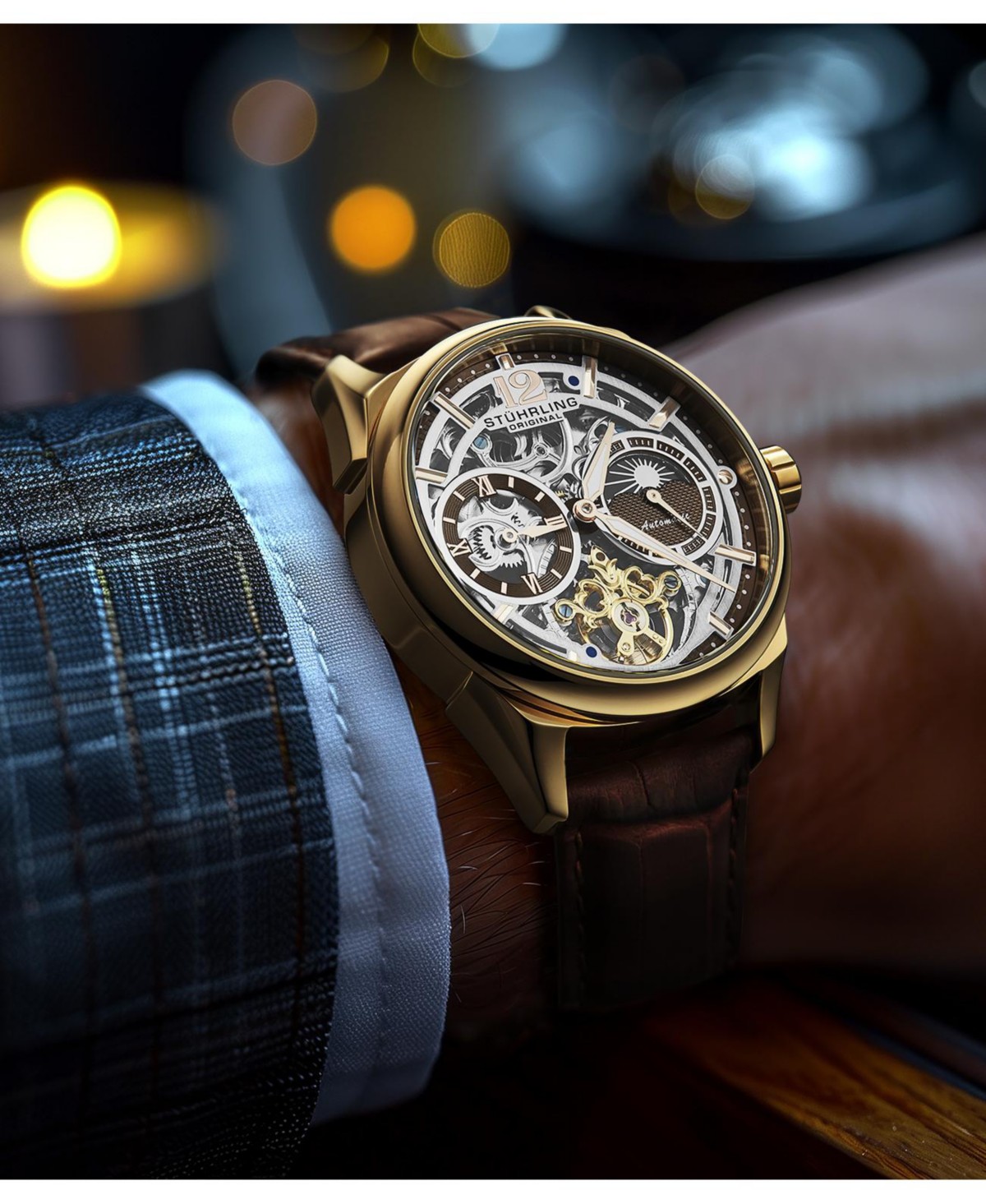 Мужские часы Stuhrling Vanguard Legacy скелетон с двумя часовыми поясами 42мм — фото 1