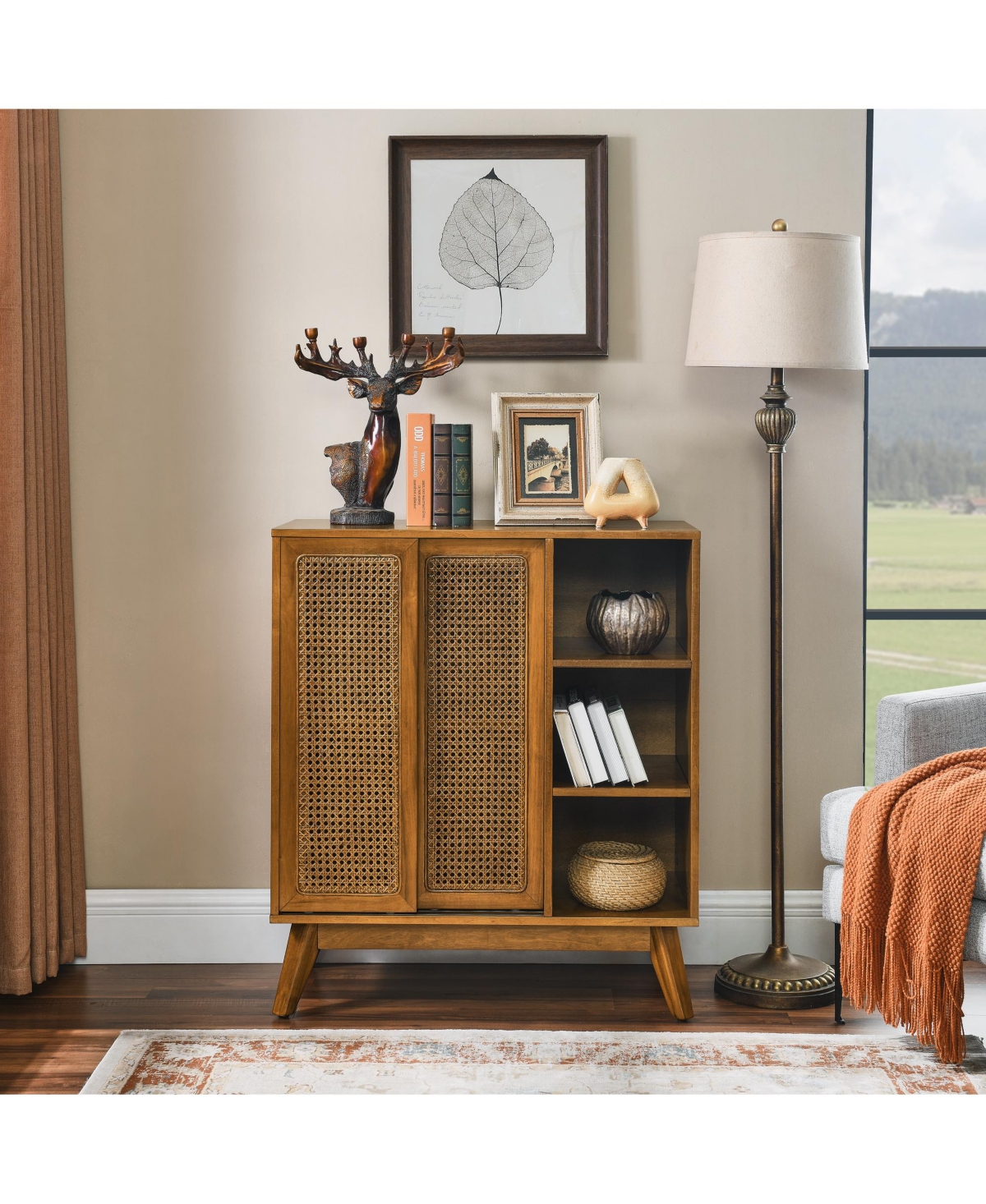 Casainc Mid Century Rattan Sideboard with Adjustable Shelf and Solid Wood Feet for Home Use