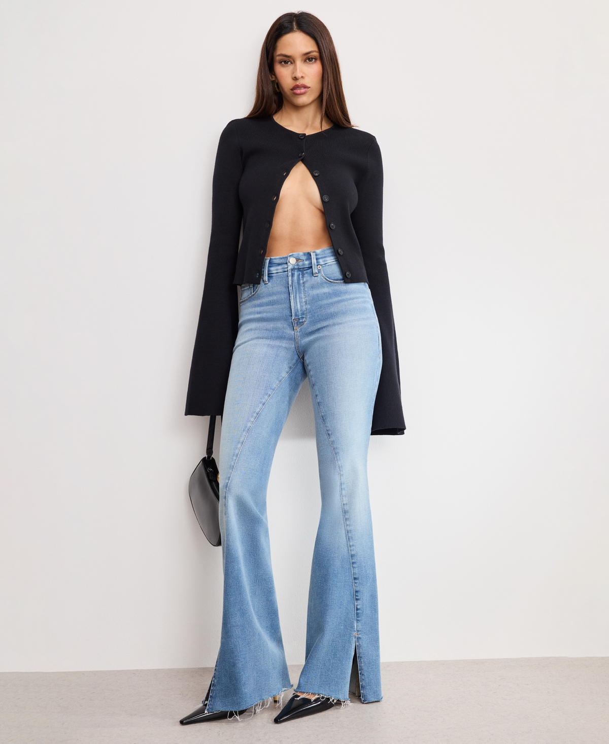 Good American Ribbed Bell Sleeve Cardigan In Black