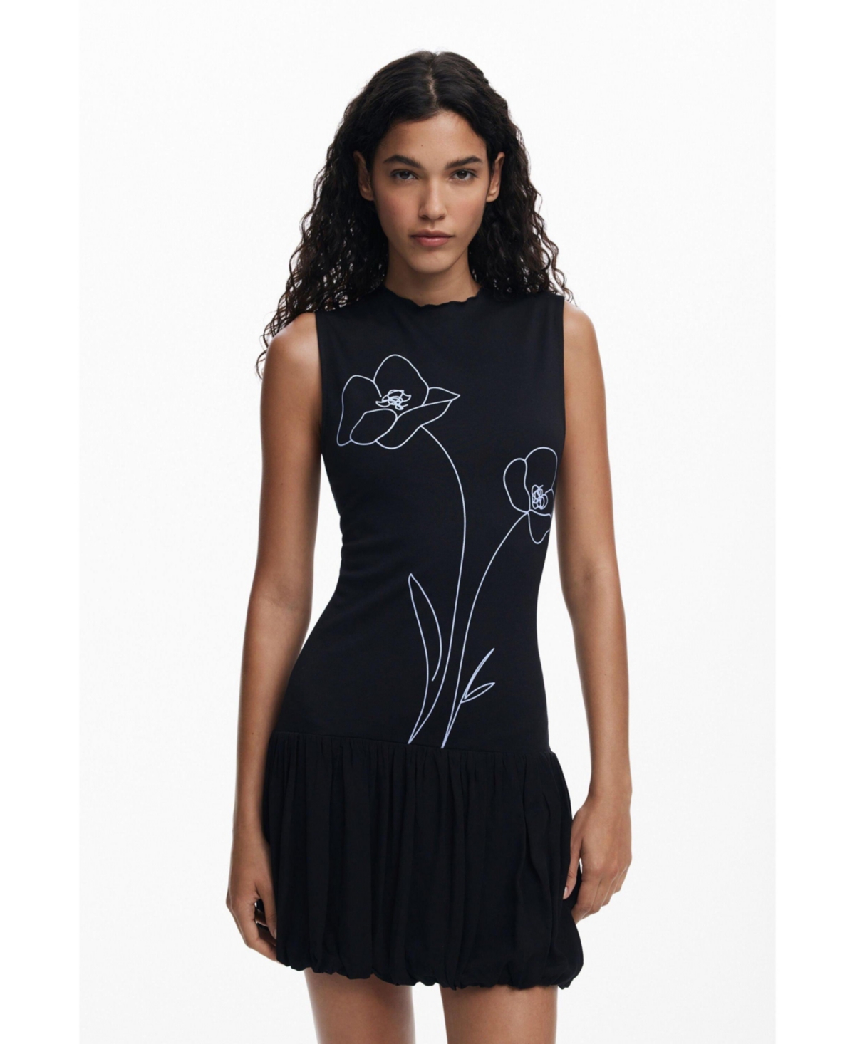 Desigual Floral Print Sleeveless Bubble Hem Minidress In Black