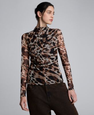 Women's Mesh Front Ruched Long Sleeve Top